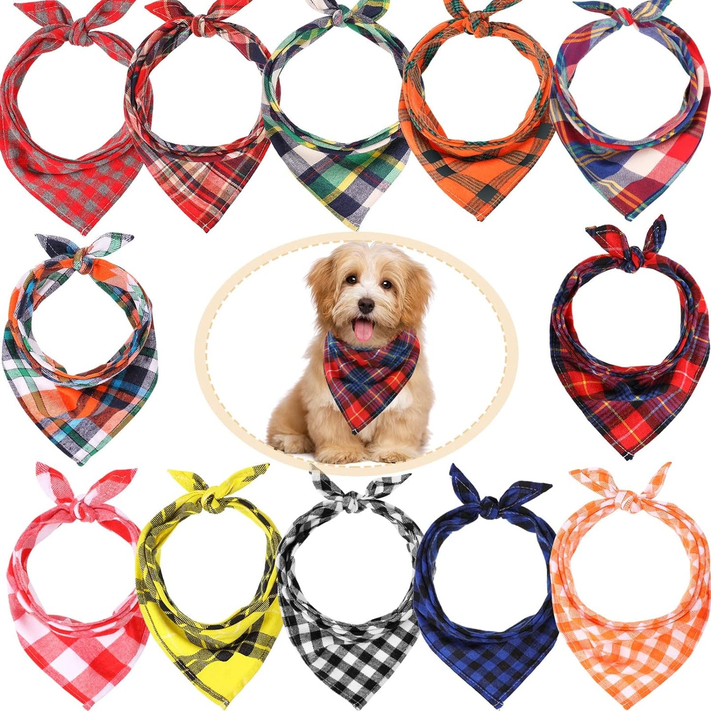 12 Piece Dog Bandanas Plaid Dog Scarf