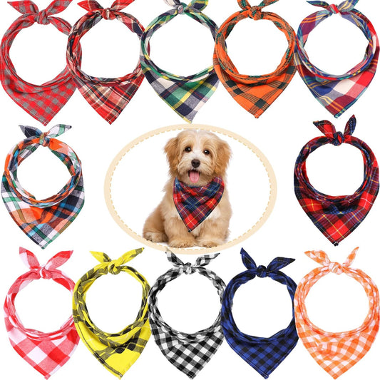 12 Piece Dog Bandanas Plaid Dog Scarf 