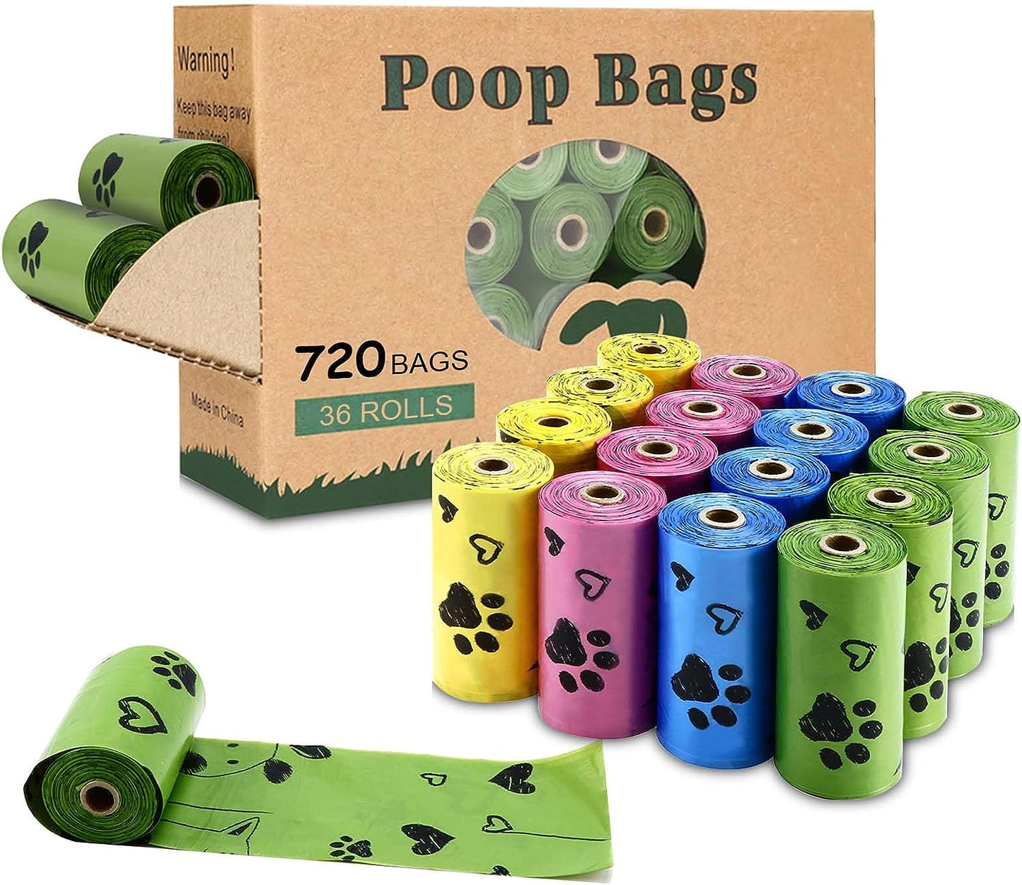 Biodegradable Dog Poop Bags: 720 Bags Extra Thick Strong Leak Proof Dog Waste Bags with 1 Dispenser | 4 Mixed Colors Green Blue Yellow Pink -Scented